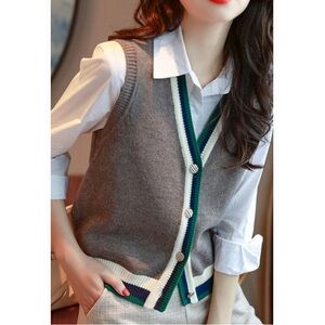 New Sweater vest Gray green blue trim eclectic grandpa waistcoat Fall Academia